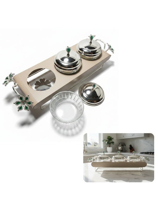 SOBHYS Emerald Flora 3-Bowl Luxury Serving Tray - Silver & Enamel - 42cm - Image 1