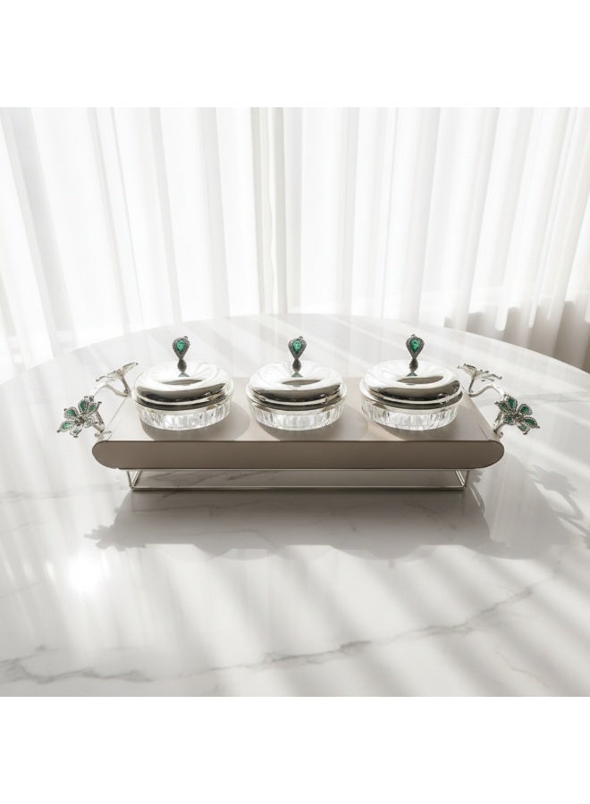 SOBHYS Emerald Flora 3-Bowl Luxury Serving Tray - Silver & Enamel - 42cm - Image 2