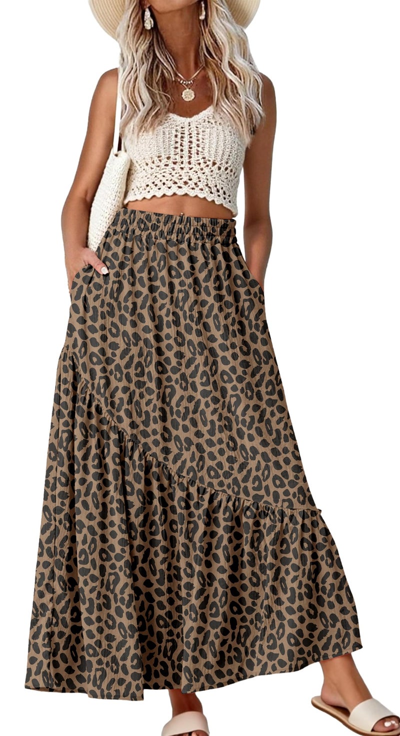 GRECERELLE Women's Boho Casual Maxi Skirts Flowy Elastic High Waisted A-Line Long Skirts with Pockets Beach Vacation, LD Khaki, S - Image 1