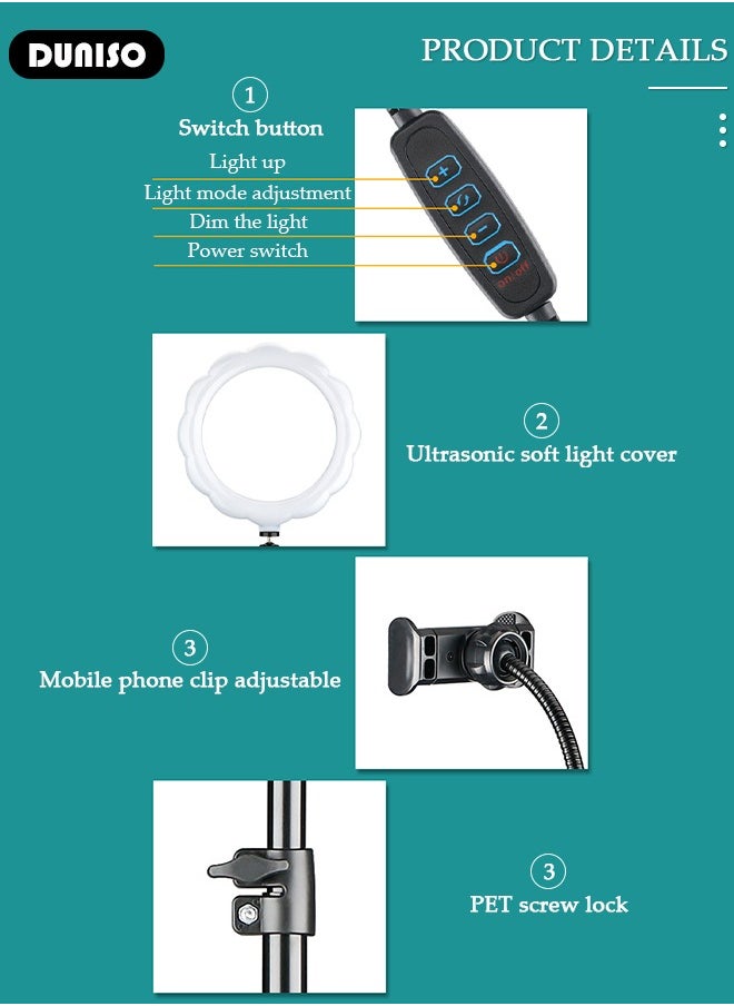 DUNISO - Selfie Ring Light with Extendable Floor Tripod and Phone Holder, Dimmable LED Beauty Camera Ring light with 360 Degrees Shooting Arm for Makeup, Photo Selfie, Video Recording, Live Streaming - Image 1