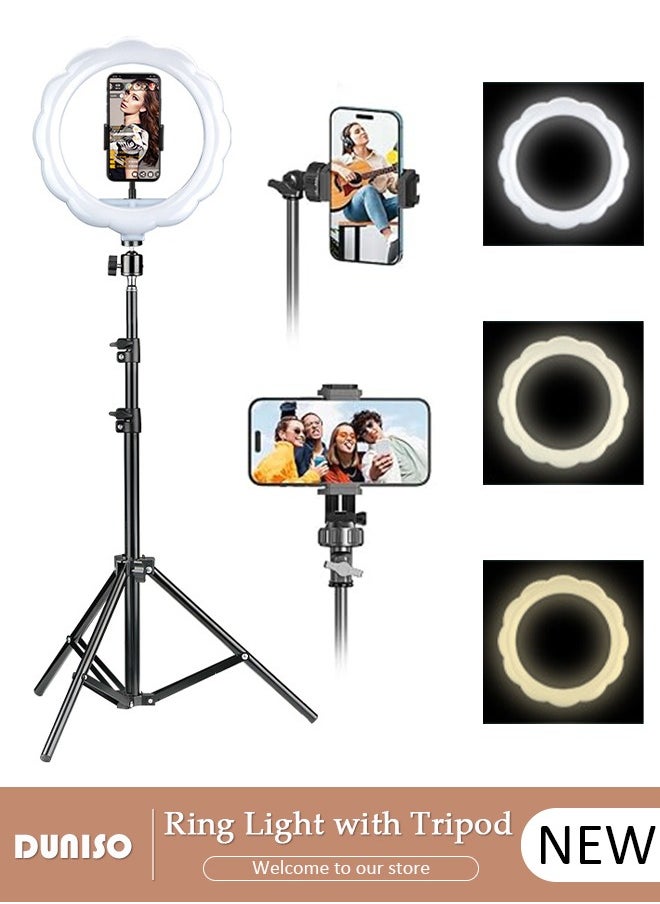 DUNISO - Selfie Ring Light with Extendable Floor Tripod and Phone Holder, Dimmable LED Beauty Camera Ring light with 360 Degrees Shooting Arm for Makeup, Photo Selfie, Video Recording, Live Streaming - Image 1