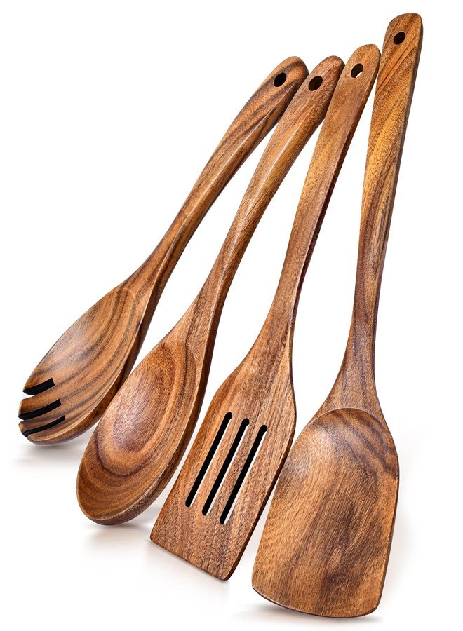 MemoGem Wooden Spoons for Cooking, Smooth Finish Acacia Wooden Utensils for Cooking, Non-Stick Wooden Cooking Utensils for Kitchen Cookware, 4Packs - Image 1