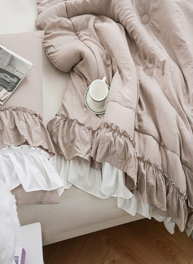 Bedding_Dreamer طقم مفروشات سرير بتصميم شابي شيك، طقم لحاف بوهيمي بحجم كينج، طقم لحاف مكشكش لغرفة النوم، ديكور منزلي، طقم سرير من الألياف الدقيقة فائقة النعومة بلون رمادي داكن، طقم لحاف ريفي أبيض مكشكش للبنات والسيدات - Image 5