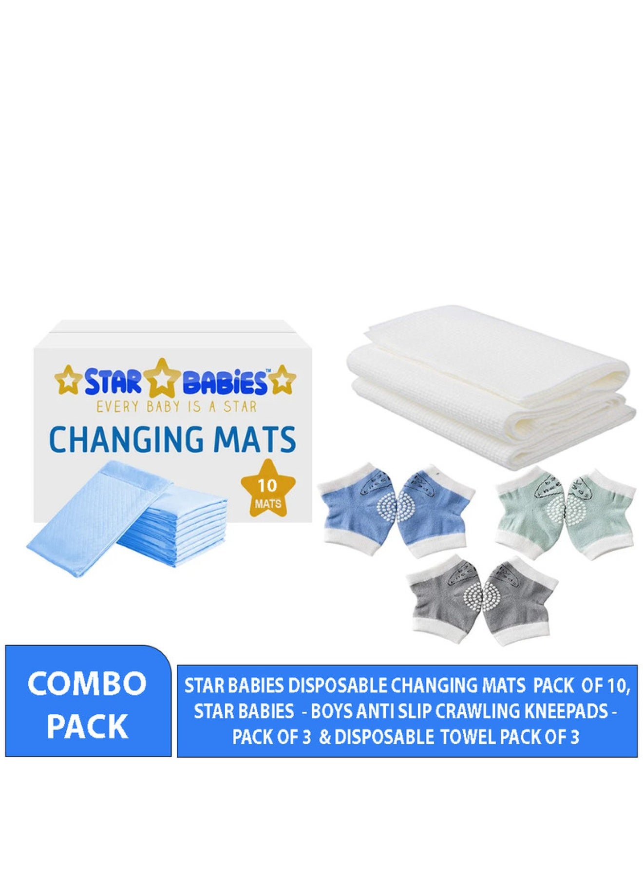 STAR BABiES Combo Pack Pack Changing Mat 10Pcs Disposable Towel 3Pcs Knee Pad 3Pair Blue