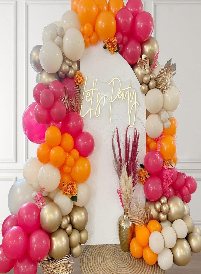 Tesochye 144Pcs Hot Pink and Orange Balloon Arch Garland Kit,Bright Pastel Pink Orange White Sand Metallic Gold Balloons for Boho Birthday Hawaii Tropical Baby Bridal Shower Wedding Party Decorations - Image 1