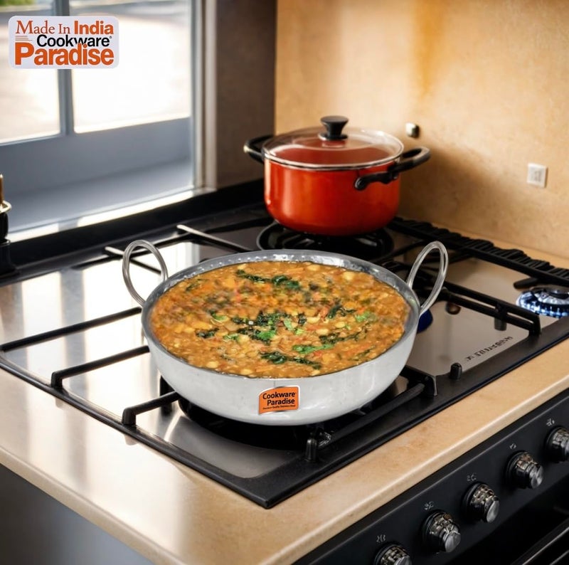 Cookware Paradise Stainless Steel Hammered Kadai with Heavy Bottom/Deep Frying Kadhai/Fry Pan for Cooking, Tasla (1000 ml) - Image 2