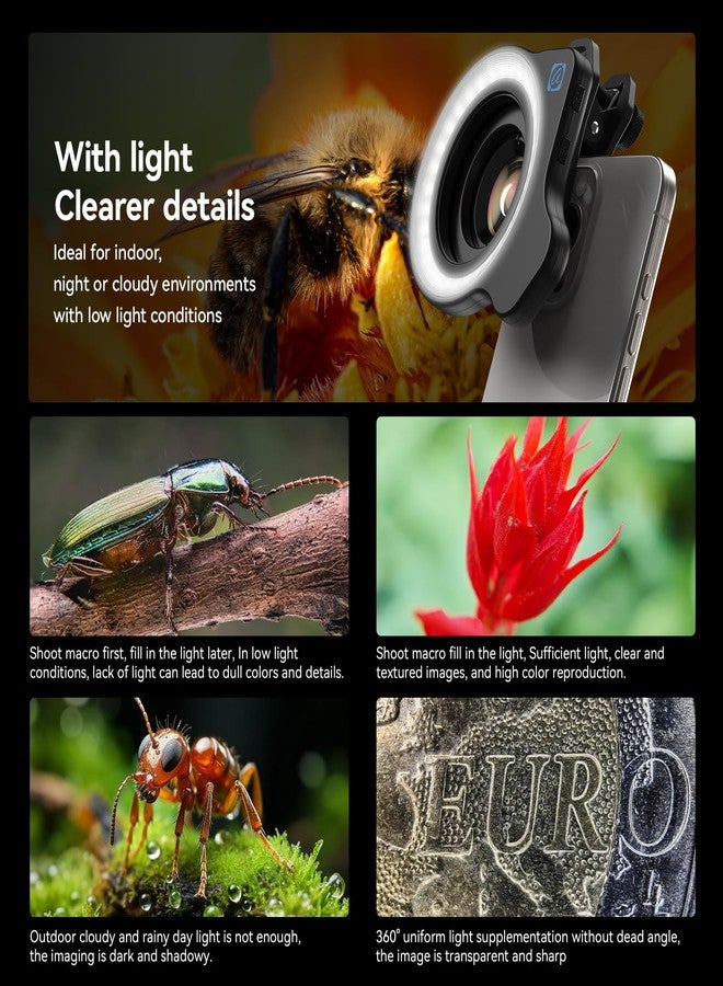 APEXEL 37mm 52mm Thread Macro Lens Fill Light, Portable Camera Lens Ring Light with High Power 32 LED/CRI 95+/45 Light Modes for APEXEL HD 100MM SLR Macro Lens Attachments - Image 3