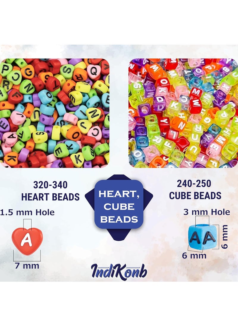 INDIKONB - INDIKONB Alphabet Beads Matte Theme - 1200 Beads, Multicolor Round, Gold, Heart, Cube, Smiley | DIY Pastel Jewelry Making Supplies - Image 1