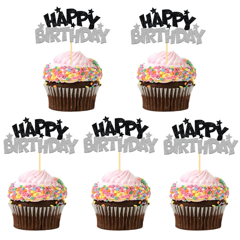 Moitkptt 24pcs Happy Birthday Cupcake Toppers  Happy Birthday Cake Decorations for Birthday for Celebrating Happy Birthday Party (Silver) - Image 1