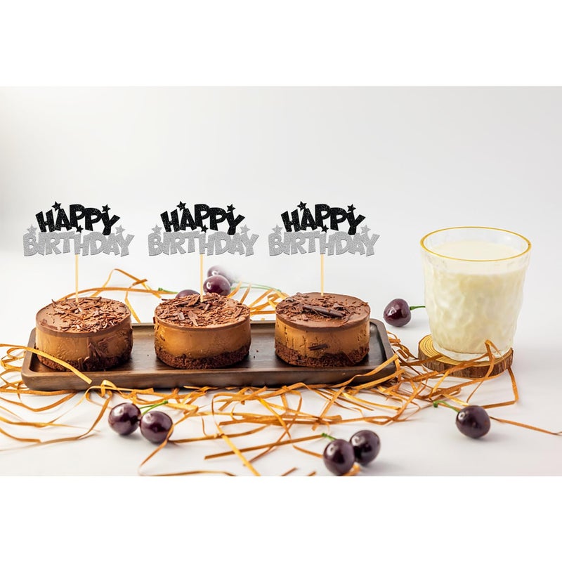 Moitkptt 24pcs Happy Birthday Cupcake Toppers  Happy Birthday Cake Decorations for Birthday for Celebrating Happy Birthday Party (Silver) - Image 3