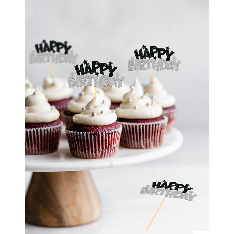Moitkptt 24pcs Happy Birthday Cupcake Toppers  Happy Birthday Cake Decorations for Birthday for Celebrating Happy Birthday Party (Silver) - Image 5