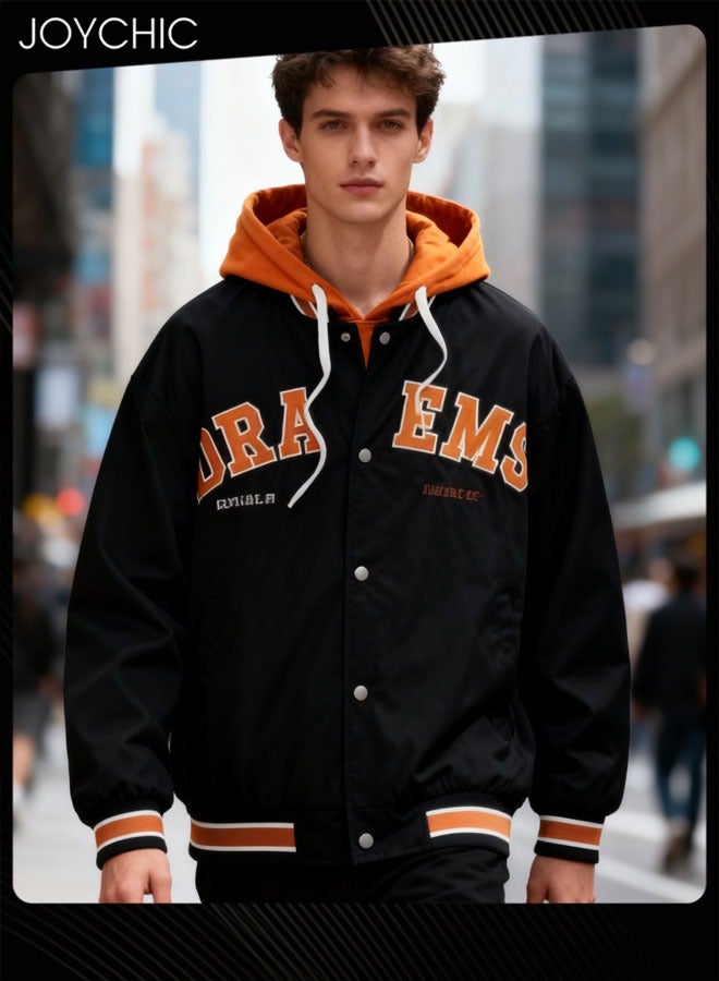 Joychic جاكيتات بيسبول قطنية رجالية عصرية ربيعية وخريفية على شكل قطعتين مزيفة مع قبعة باللون الأسود والبرتقالي دافئة مقاومة للرياح - Image 1