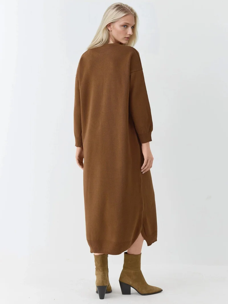 MY FASHION MY FASHION Textured Ribbed Long Knit Dress with Slit Detail