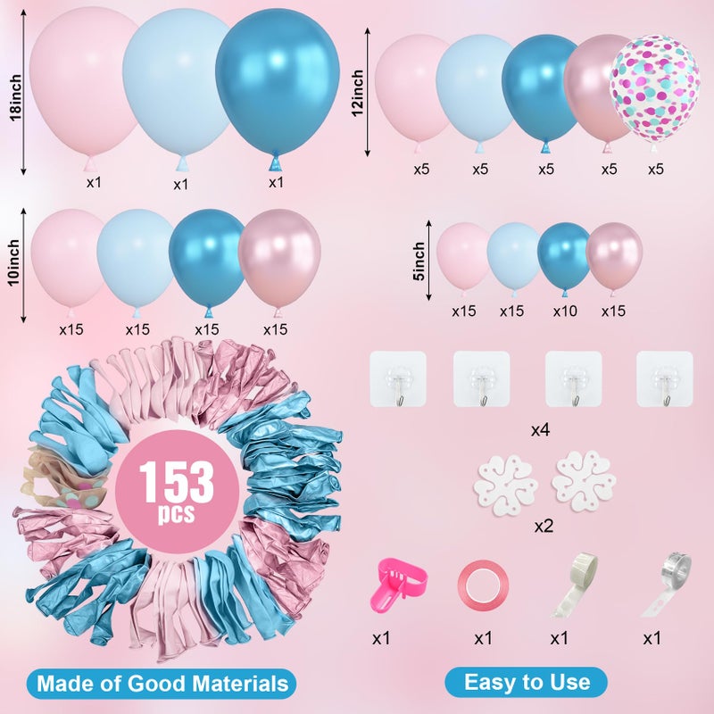 Amandir 153pcs Pink Blue Balloon Garland Arch Kit, Different Sizes 18 12 10 5 inch Metallic Pink Blue Latex Confetti Balloons for Boy Girl Gender Reveal Neutral Baby Shower Birthday Party Decoration - Image 4