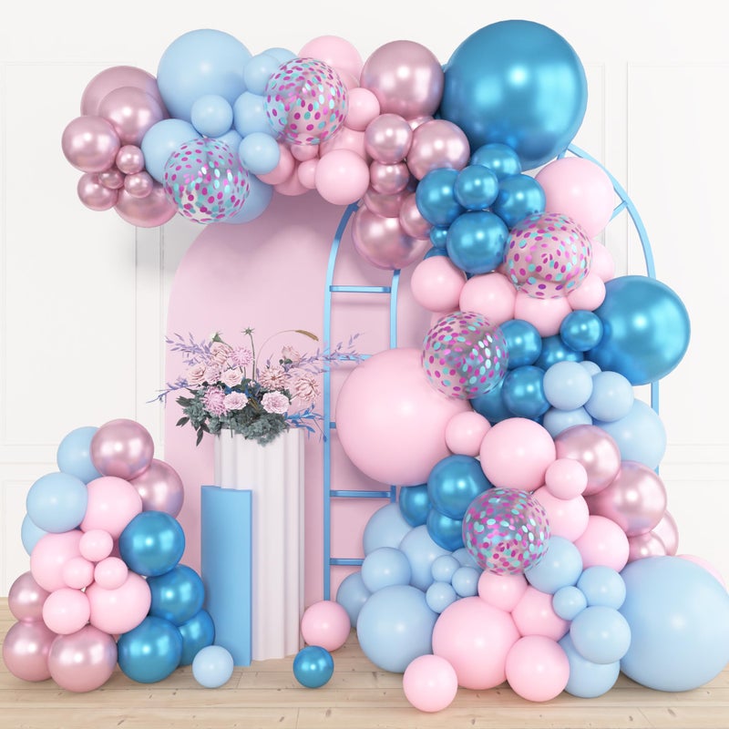 Amandir 153pcs Pink Blue Balloon Garland Arch Kit, Different Sizes 18 12 10 5 inch Metallic Pink Blue Latex Confetti Balloons for Boy Girl Gender Reveal Neutral Baby Shower Birthday Party Decoration - Image 1