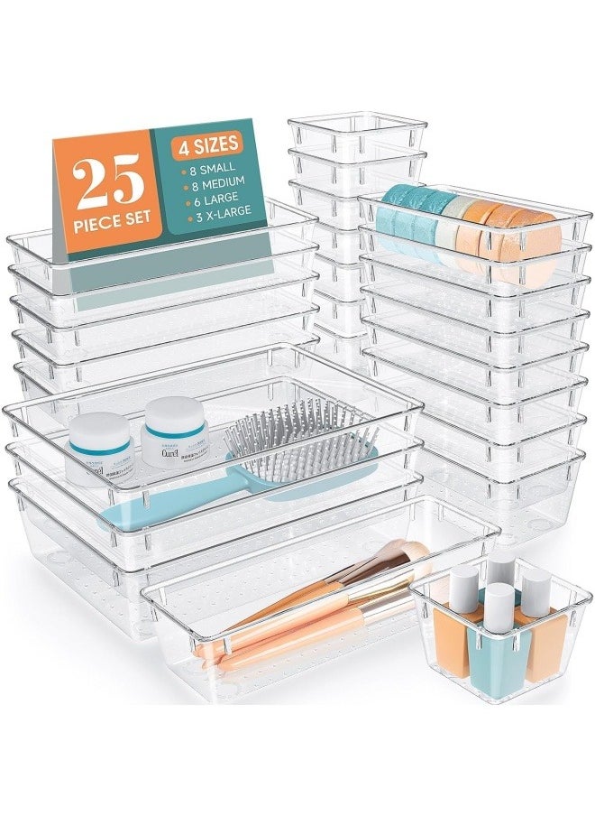 RUIXZSS 25 PCS Clear Plastic Drawer Organizers Set 4-Size Versatile Bathroom and Vanity Drawer Organizer Trays Storage Bins for Makeup Bedroom Kitchen Gadgets Utensils and Office  - Image 1