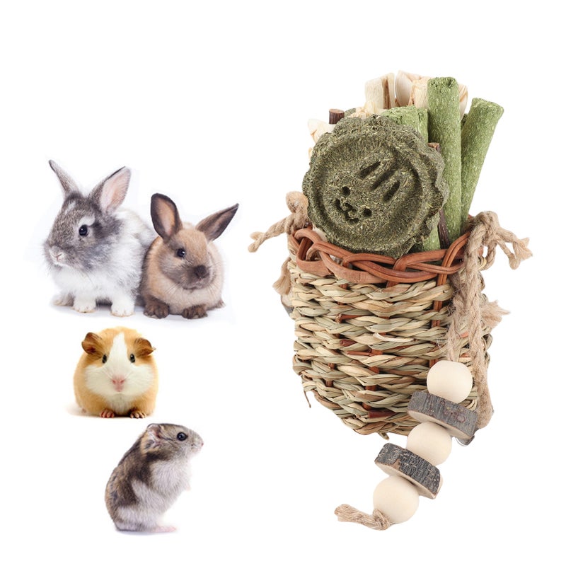 Hamster Chew Toys Hanging Straw Basket Bunny Chew Toys Seagrass Wood Sticks Chew Toys for Small Animals - Image 4