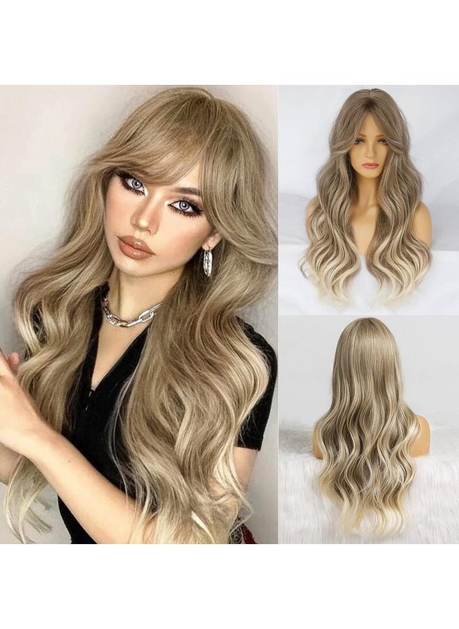 Ebingoo Ombre Blonde Wig With Bangs + Wig Cap Ombre Blonde Curly Wig With Bangs Blonde Wavy Wig For Women Synthetic Wigs Ombre Wig With Middle Part Heat Resistant Wig For Girls Women Daily Wear  - Image 1