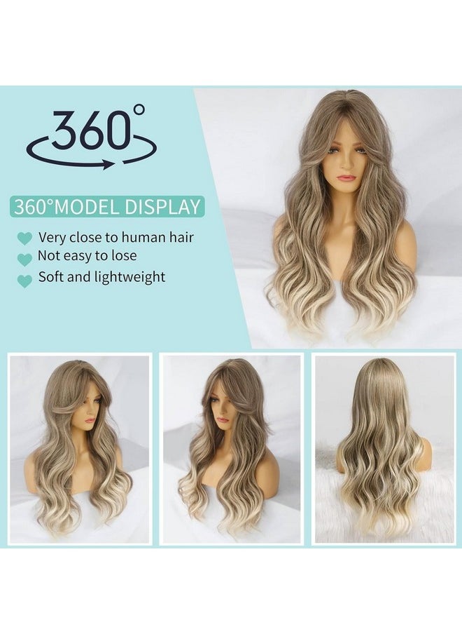 Ebingoo Ombre Blonde Wig With Bangs + Wig Cap Ombre Blonde Curly Wig With Bangs Blonde Wavy Wig For Women Synthetic Wigs Ombre Wig With Middle Part Heat Resistant Wig For Girls Women Daily Wear  - Image 3