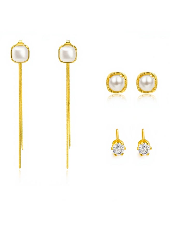 MTZ 3 Pairs Cubic Zirconia Stud Earrings Set for Women, Hypoallergenic Gold Plated Crystal Earrings, Dainty CZ Diamond Studs in Various Sizes, Sensitive Ear Friendly Jewelry Gift Box - Image 1