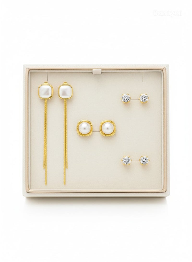 MTZ 3 Pairs Cubic Zirconia Stud Earrings Set for Women, Hypoallergenic Gold Plated Crystal Earrings, Dainty CZ Diamond Studs in Various Sizes, Sensitive Ear Friendly Jewelry Gift Box - Image 3