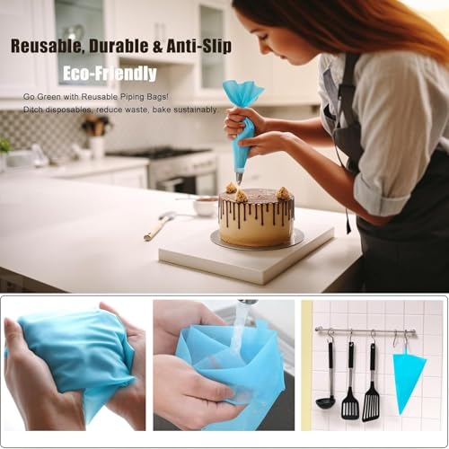 Preptep Piping Bags and Tips Set, Reusable Cake Decorating Supplies with 2 Reusable Bags, 12 Icing Tips, 2 Silicone Rings, 2 Couplers and 3 Scrapers, Cake Baking Tools for Cookie Icing Cupcakes - Image 2
