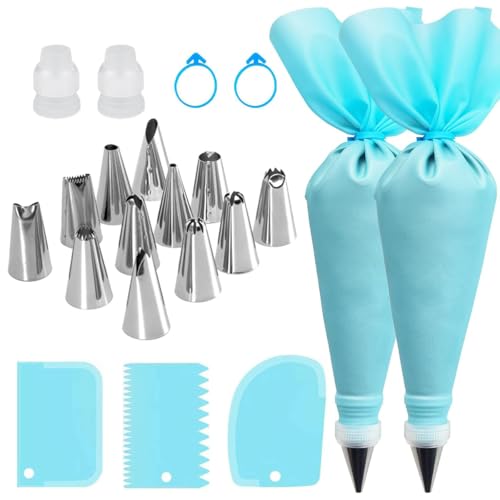 Preptep Piping Bags and Tips Set, Reusable Cake Decorating Supplies with 2 Reusable Bags, 12 Icing Tips, 2 Silicone Rings, 2 Couplers and 3 Scrapers, Cake Baking Tools for Cookie Icing Cupcakes - Image 1