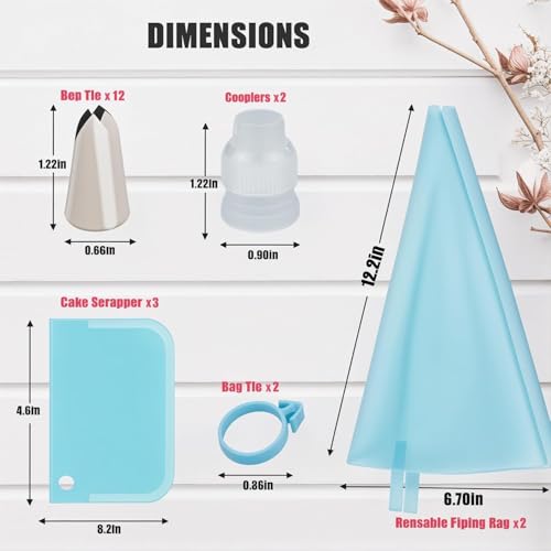 Preptep Piping Bags and Tips Set, Reusable Cake Decorating Supplies with 2 Reusable Bags, 12 Icing Tips, 2 Silicone Rings, 2 Couplers and 3 Scrapers, Cake Baking Tools for Cookie Icing Cupcakes - Image 4