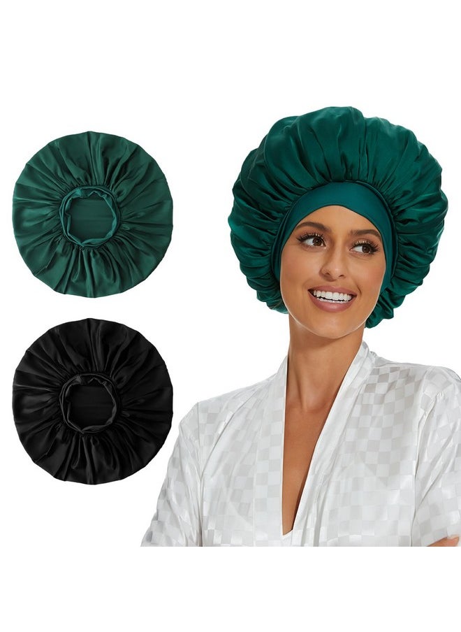 BE BIGEDDIE 2Pcs Silky Satin Bonnet For Sleeping Satin Hair Bonnet For Sleeping Elastic Softband Satin Silk Hair Wrap Sleep Cap Bonnets Black Blue For Women Curly Hair Showercap  - Image 1