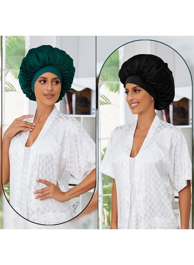 BE BIGEDDIE 2Pcs Silky Satin Bonnet For Sleeping Satin Hair Bonnet For Sleeping Elastic Softband Satin Silk Hair Wrap Sleep Cap Bonnets Black Blue For Women Curly Hair Showercap  - Image 4