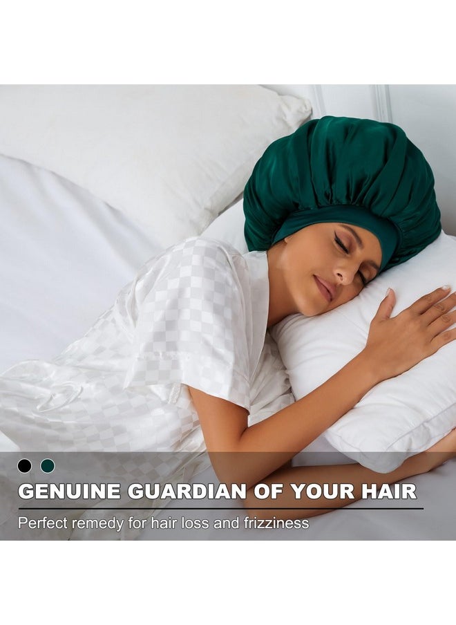 BE BIGEDDIE 2Pcs Silky Satin Bonnet For Sleeping Satin Hair Bonnet For Sleeping Elastic Softband Satin Silk Hair Wrap Sleep Cap Bonnets Black Blue For Women Curly Hair Showercap  - Image 2