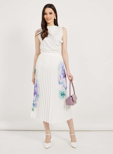 Floral Print Pleated Midi Skirt