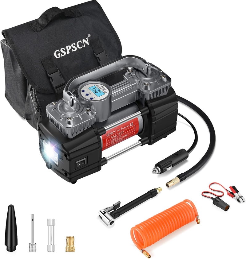 GSPSCN Portable Digital Car Tire Inflator with Gauge 150Psi Auto Shut-Off, Heavy Duty Double Cylinders 12V Air Compressor Pump with LED Light - Image 1