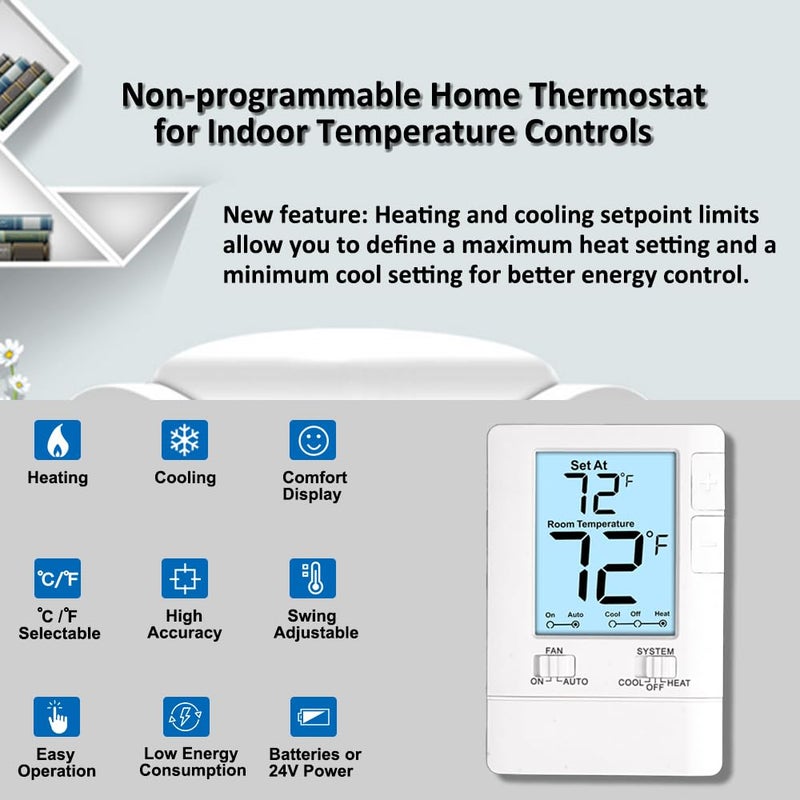 Miuputake Thermostat for Home Non-Programmable Single-Stage Systems, 1 Heat/1 Cool, Easy DIY, White Backlight - Image 2