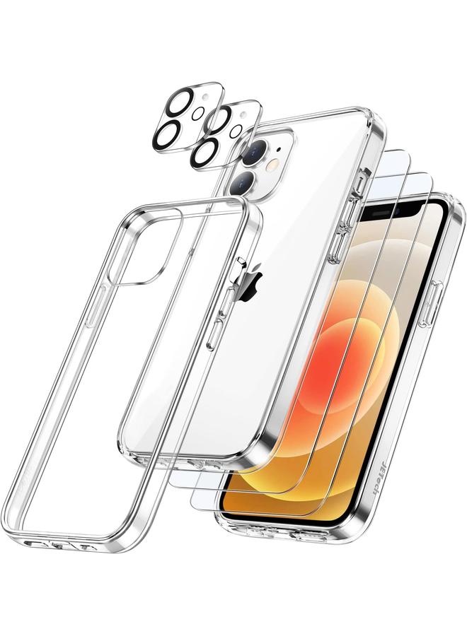 جي تيك جراب 5 في 1 لهاتف Iphone 12 مقاس 6.1 بوصة مع قطعتين من واقي الشاشة وقطعتين من واقي عدسة الكاميرا غير قابل للاصفرار وغطاء كامل من الزجاج المقوى المقاوم للصدمات وغطاء هاتف شفاف - Image 1