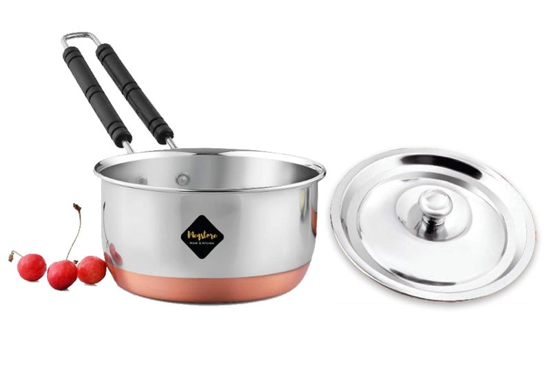 BPE Stainless Steel Copper Bottom Sauce Pan with lid, Flat Base Sauce Pan, Tea Pan, Milk Pan, Tapeli Patila, Sauce Pot Cookware with lid 1 litres Capacity - Image 1