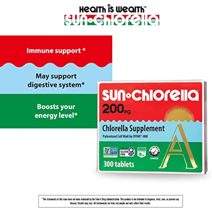 Sun Chlorella 200 mg Green Algae Superfood Supplement - Pulverized Cell Wall - Chlorophyll, CGF, Active B12, Iron, Protein - Non-GMO - 300 Tablets - Image 3