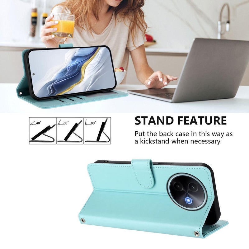 erorex For vivo Y39 5G / vivo Y300i Embossed  Cat Leather Phone Case with Hand Strap(Mint Green) - Image 3