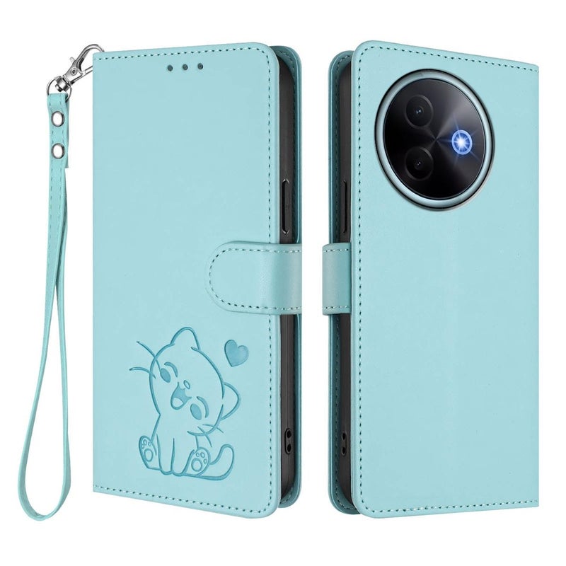 erorex For vivo Y39 5G / vivo Y300i Embossed  Cat Leather Phone Case with Hand Strap(Mint Green) - Image 2