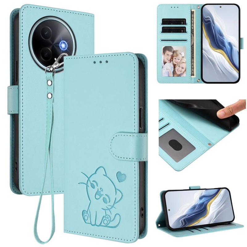 erorex For vivo Y39 5G / vivo Y300i Embossed  Cat Leather Phone Case with Hand Strap(Mint Green) - Image 1