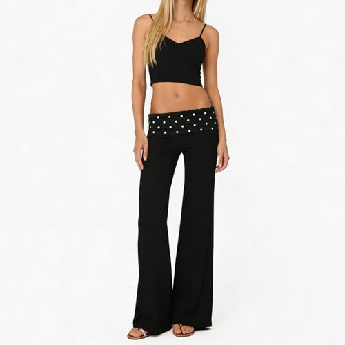 FOMOYUU Lounge Yoga Pants for Women Fold Over Low Waist Wide Leg Sweatpants Flare Leggings Bell Bottoms Y2K Foldover Pants Black Dots S - Image 3