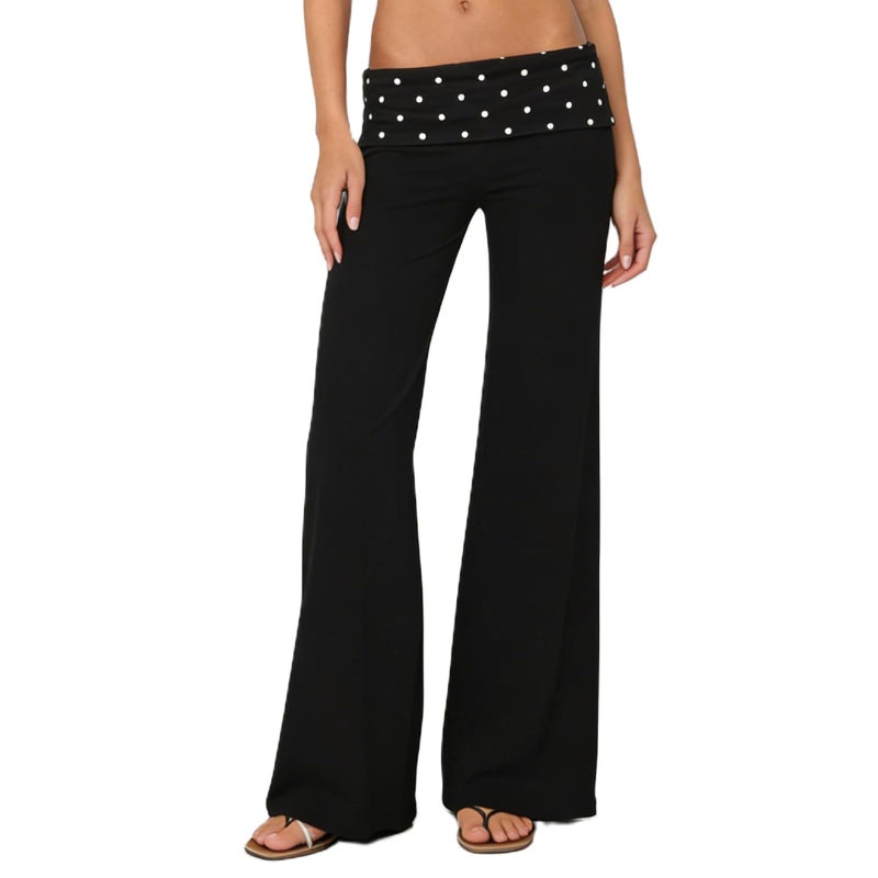 FOMOYUU Lounge Yoga Pants for Women Fold Over Low Waist Wide Leg Sweatpants Flare Leggings Bell Bottoms Y2K Foldover Pants Black Dots S - Image 2