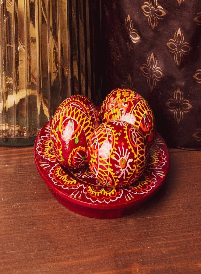 QG Group LOVARE Lot 3 Red Vintage 1.57'' Hand Painted Wooden Ukrainian Easter Egg Pysanky Mini Ornaments (Quail Eggs) on Plate - Image 5