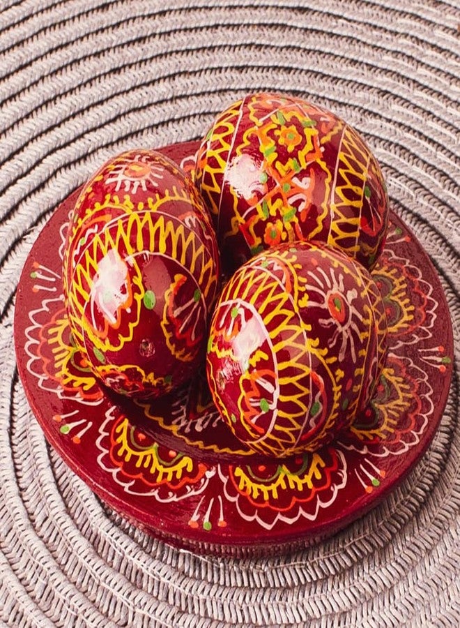 QG Group LOVARE Lot 3 Red Vintage 1.57'' Hand Painted Wooden Ukrainian Easter Egg Pysanky Mini Ornaments (Quail Eggs) on Plate - Image 1