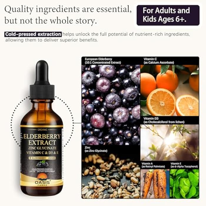 OASIS FORCE Oasisforce Organic Elderberry Syrup for Adults & Kids, 250mg Elderberry Liquid Drops for Immune Support with Vitamin C and Zinc, Immunity Supplement, Sambucus Extract Tincture, Vegan, Non-GMO, 2 Fl Oz - Image 2