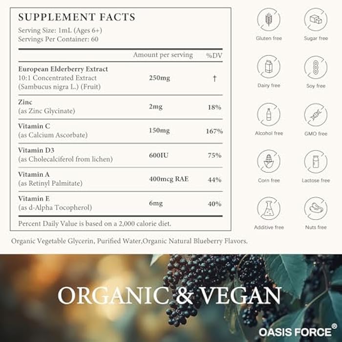 OASIS FORCE Oasisforce Organic Elderberry Syrup for Adults & Kids, 250mg Elderberry Liquid Drops for Immune Support with Vitamin C and Zinc, Immunity Supplement, Sambucus Extract Tincture, Vegan, Non-GMO, 2 Fl Oz - Image 5