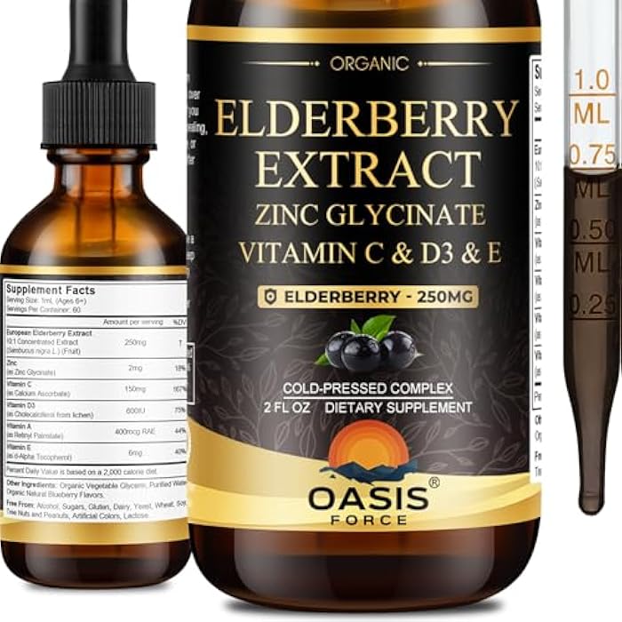 OASIS FORCE Oasisforce Organic Elderberry Syrup for Adults & Kids, 250mg Elderberry Liquid Drops for Immune Support with Vitamin C and Zinc, Immunity Supplement, Sambucus Extract Tincture, Vegan, Non-GMO, 2 Fl Oz - Image 1