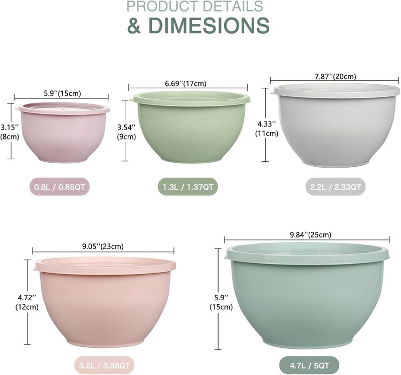 Greentainer Plastic Mixing Bowls with Lids Set for Kitchen, 5 Set Nesting Bowls for Mixing, Baking, Prepping, Cooking and Serving Food, Mixing Bowls Dishwasher, Microwave Safe - Image 2