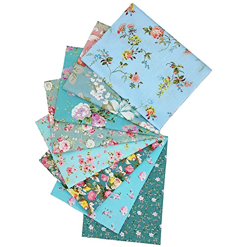 QiMicody Fat Quarters Fabric Bundles, 8 Pcs 100% Cotton 19.69” x 19.69” (50cmx50cm) Precut Quilting Fabric Squares Sheets for DIY Patchwork Sewing Crafting, No Repeat Design (Blue Floral) - Image 1