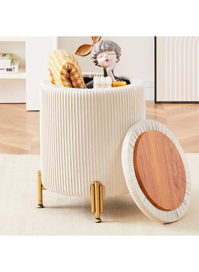 DANUBE HOME Daryl Round Fabric Storage Ottoman | Multi-Functional Stool | Upholstered Footrest With Storage L35xW40xH46cm -White - Image 1